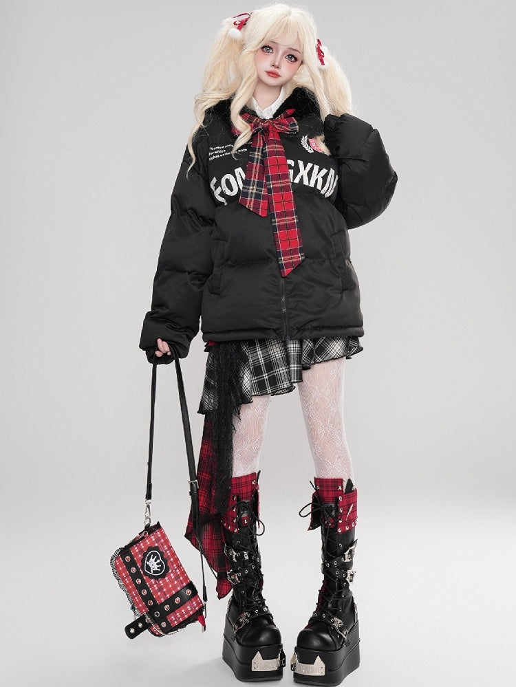 Black/White Letters Print Self-tie Bowknot Hooded Thick Jacket