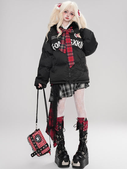 Black/White Letters Print Self-tie Bowknot Hooded Thick Jacket