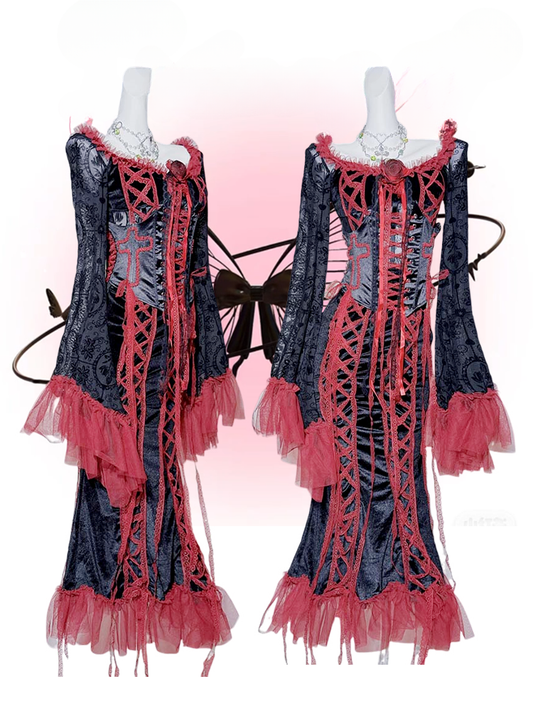 Gothic Black&Red Lace Trim Floral Mermaid Dress+Lace-up Detail Cross Corset Belt