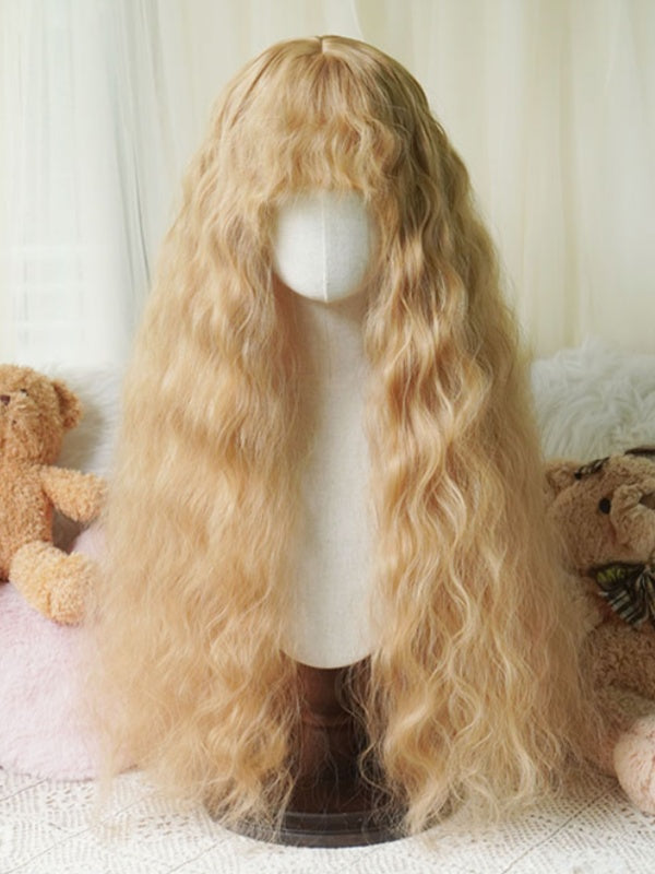 Black/Caramel/Blonde/Light Blonde Hip Length Wavy Wig With Curly Bangs
