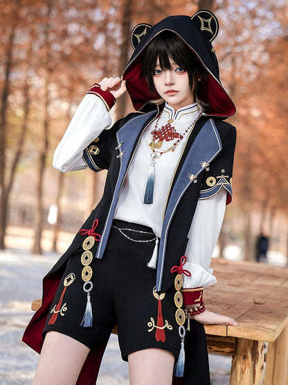 Manteau à capuche en ouji noir avec pièces de cuivre et oreilles de panda