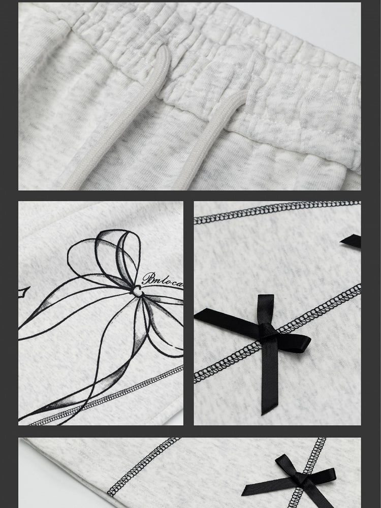 Black/Light Grey Ribbon Bow Straight-leg Cut Sweatpants