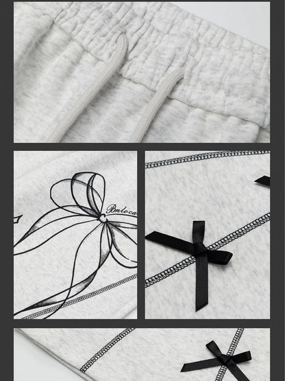 Black/Light Grey Ribbon Bow Straight-leg Cut Sweatpants