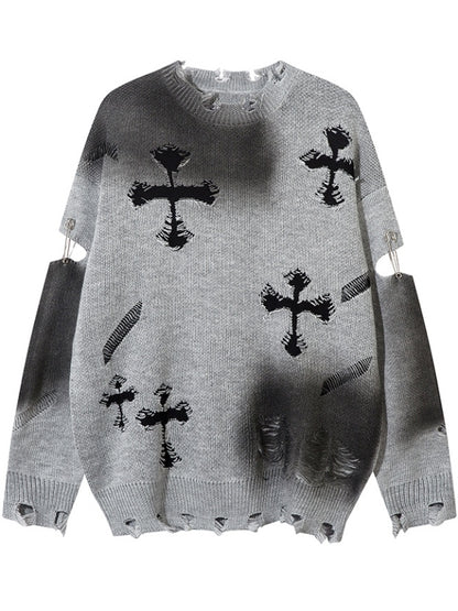 Y2K Black/Grey Cross Shaped Distressed Holes Round Neck Sweater