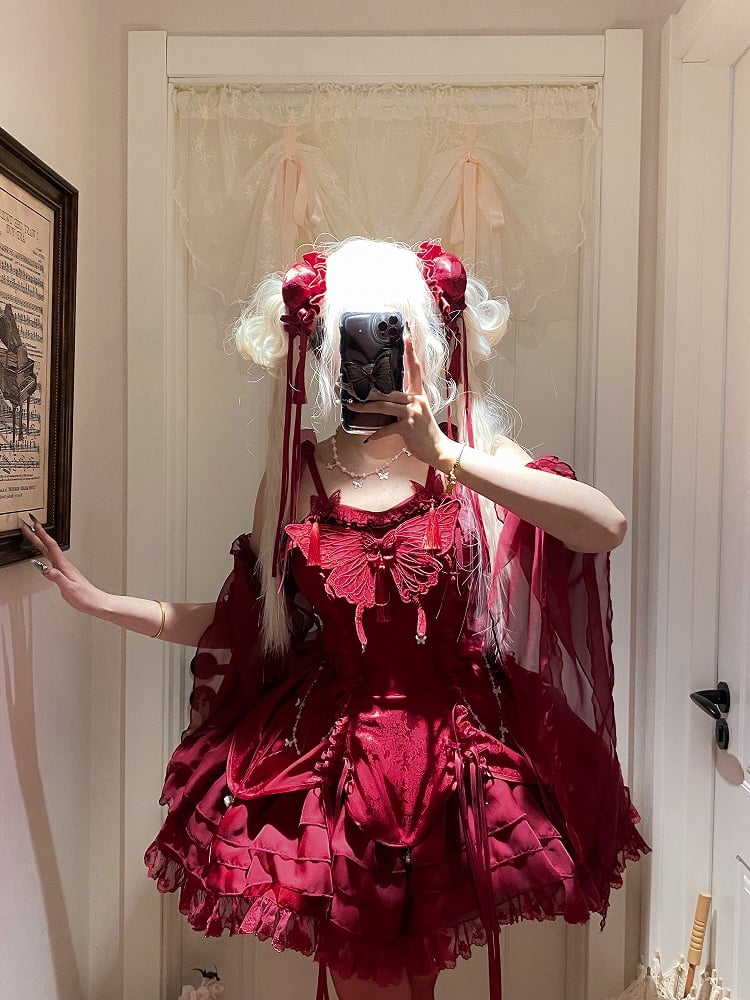 Tassels with Fairy Jumper Sleeves Butterfly Cascading Decorated Skirt and Red Lolita Ruffle