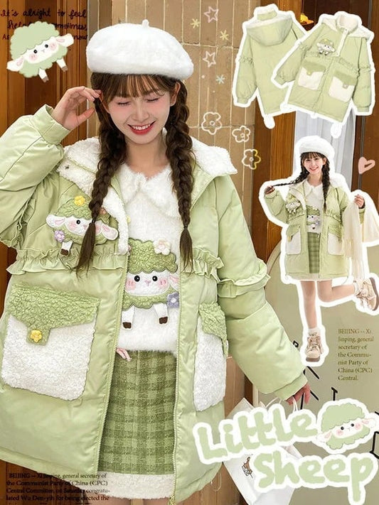 Green Cute Lamb Adorned Hooded Down Coat Ruffle Trim