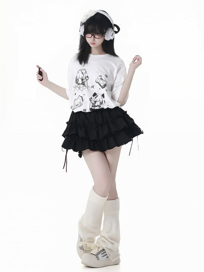 Graues T-Shirt Anime Girl Print Weiß/Dunkel Rundhals Baumwolle