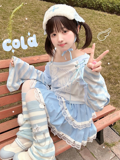 Blue and White Asymmetrical Neckline Striped Bell Sleeves Top