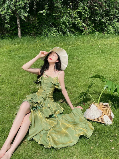 Green Asymmetrical Layered Flounce Spaghetti Strap Prom Dress Evening Gown