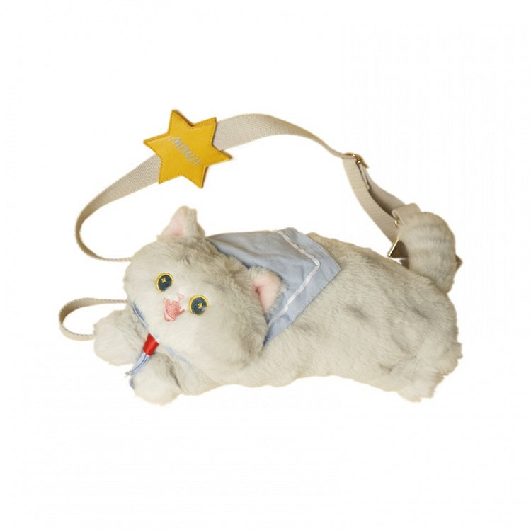 Grey Cute Cat-shaped Plush Crossbody Bag