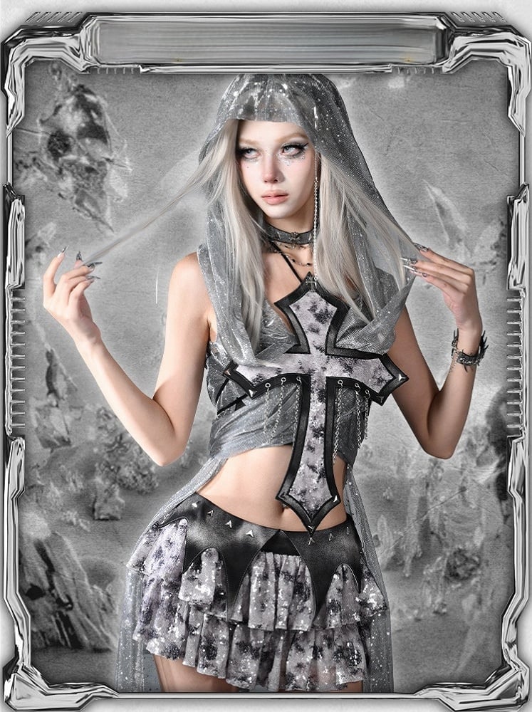 Decorated Cross Strapless Cyberpunk Top Fashion Y3K Chains Futuristic Black  Silver Sequins and