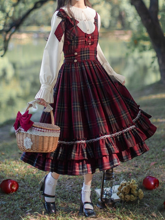 Bow Overall Plaid Dress High Red Waist Tie with