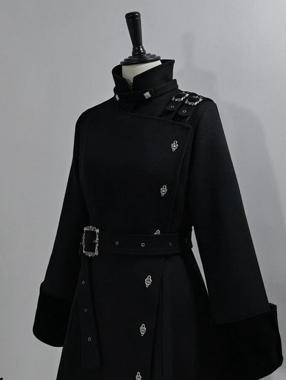 Black Ouji Lolita Stand Collar High Neck Woolen Coat