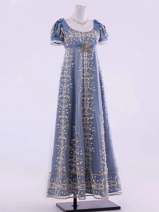 Blue Empire Waist Regency Elegant Lolita Maxi Dress Ankle Length Version