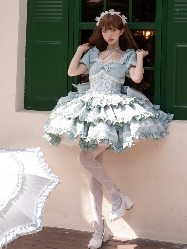 Green Corset Waist Dress Ruffle Skirt Princess