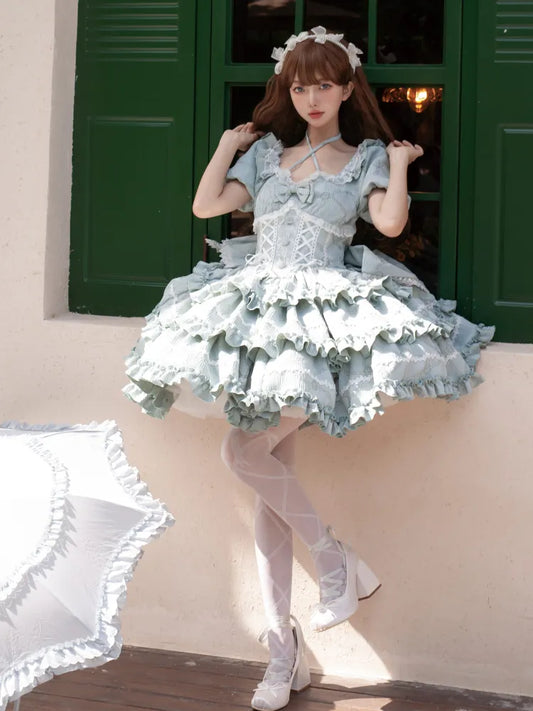 Princess Waist Big at Bow Back Skirt with Green Corset Ruffle Lolita OP Dress