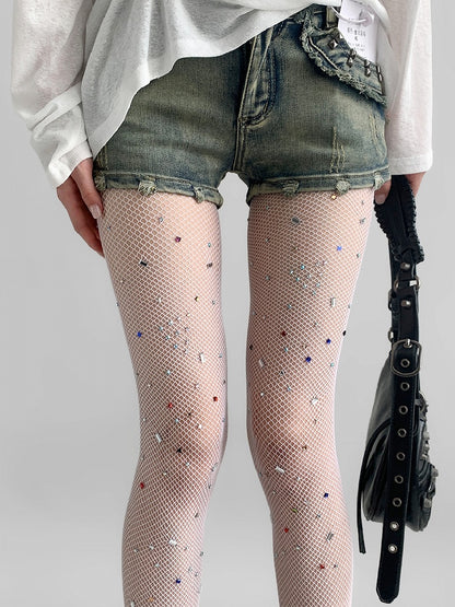 Fishnet White/Brown Rhinestone Tights Decorated