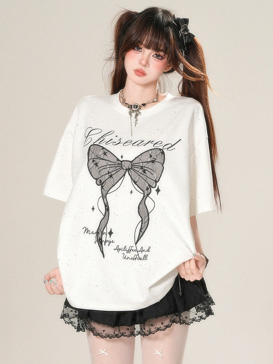 Kawaii T-shirt Print Applique And Daily Letter Bow Star Big White/Black