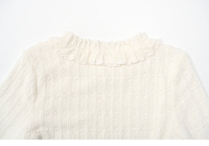 Beige Ruffle Neckline Long Sleeves Top