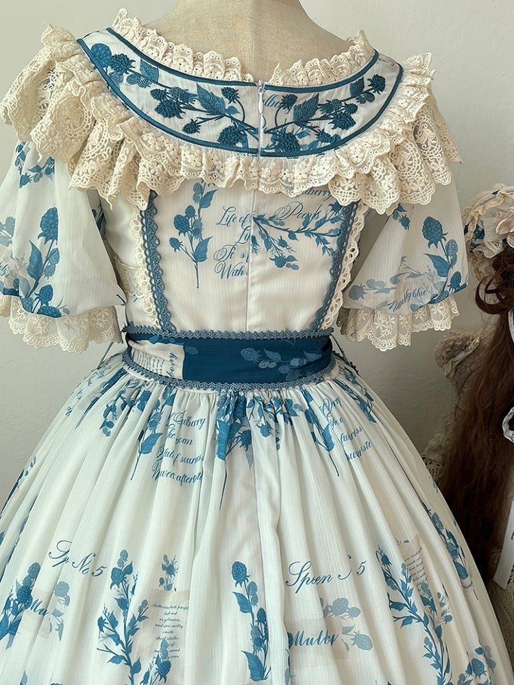 Poetry‌ Print Blue and Sizes Classic Sash Dress Plus with Available Self-tie Elegant Mulberry Lolita