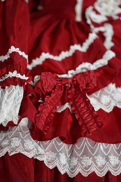 Red Gorgeous Tiered Ruffle Skirt Puff Sleeves and Bell Sleeves Lolita Dress