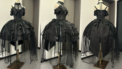 Bow Ovarlay and Gothic Dress Corset Big with Lolita Detachable Skirt Design Black Birdcage Waist Lace-ups