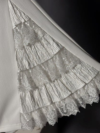Lace Patches Flared Cuffs Pants White Tiered