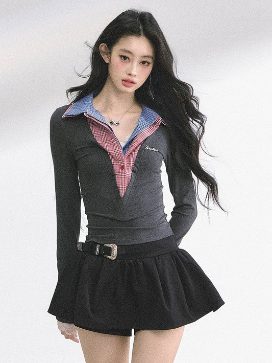 Plaid Collar Gray Slim-fitting Top Faux Two-pieces Red