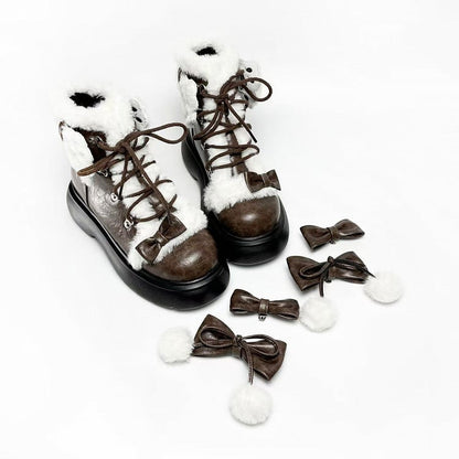 Punk Brown Lolita Bowknot Plush Trim Platform Ankle Boots With Pompons