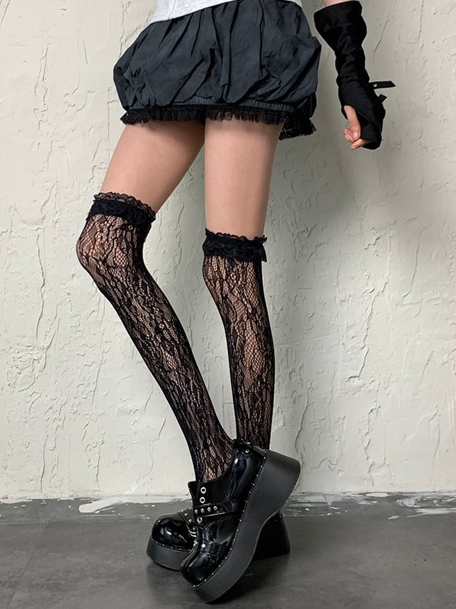 Overknee Design Black Cuff Ruffled Hollow-out Fashion Gyaru Stockings