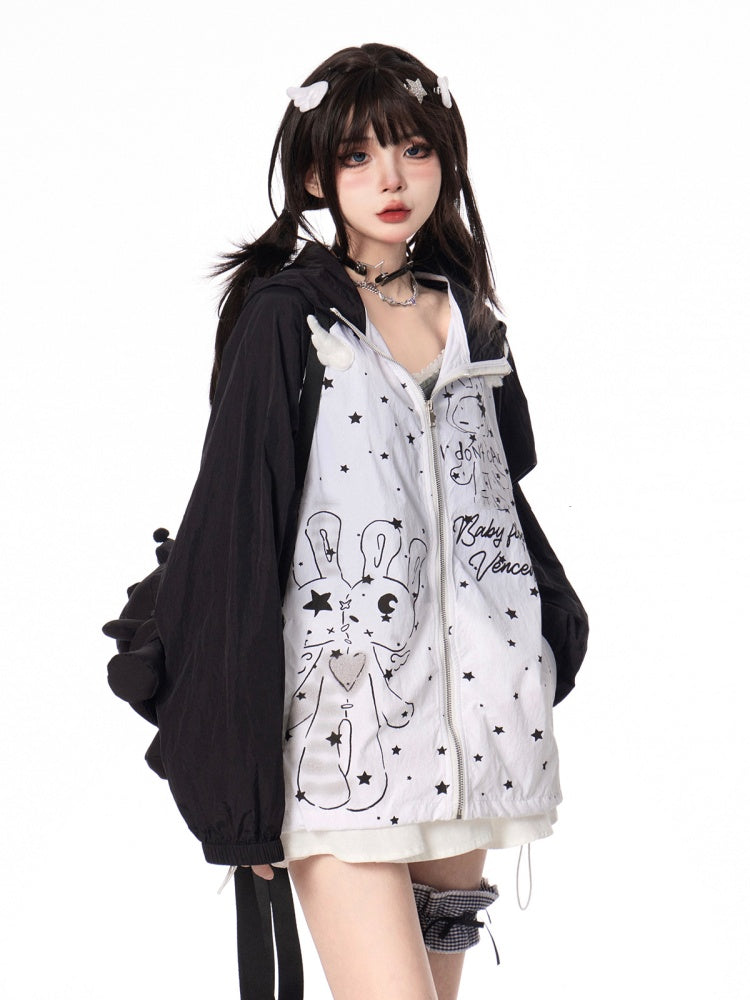 Design Hood Ears Kitty Colorblock Zip-up Jacket Cartoon Print Black/Green