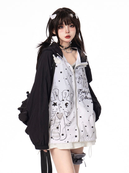 Design Hood Ears Kitty Colorblock Zip-up Jacket Cartoon Print Black/Green
