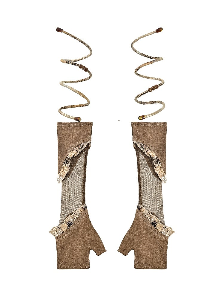 Brown Trim Pattern Ruffles Wasteland Snakeskin Gloves Punk