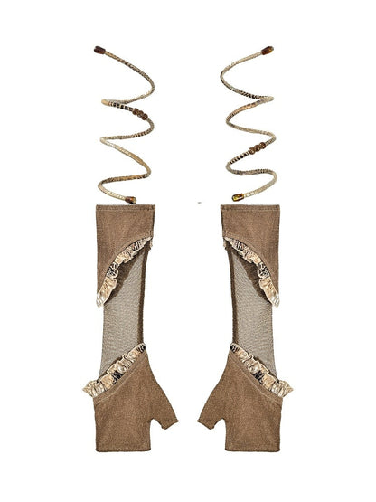 Brown Trim Pattern Ruffles Wasteland Snakeskin Gloves Punk