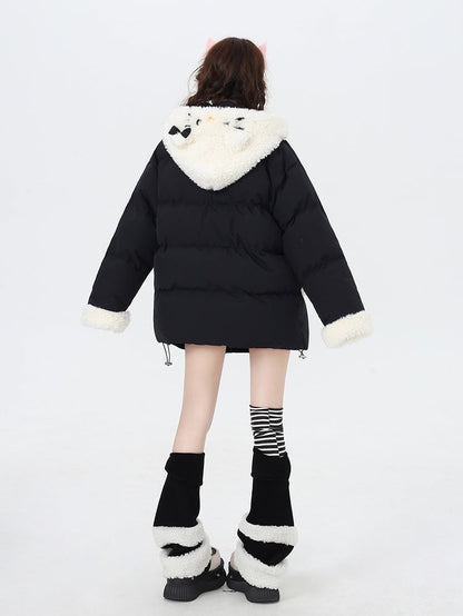 Black Pink Detachable Hood Plush Trim Thick Coat