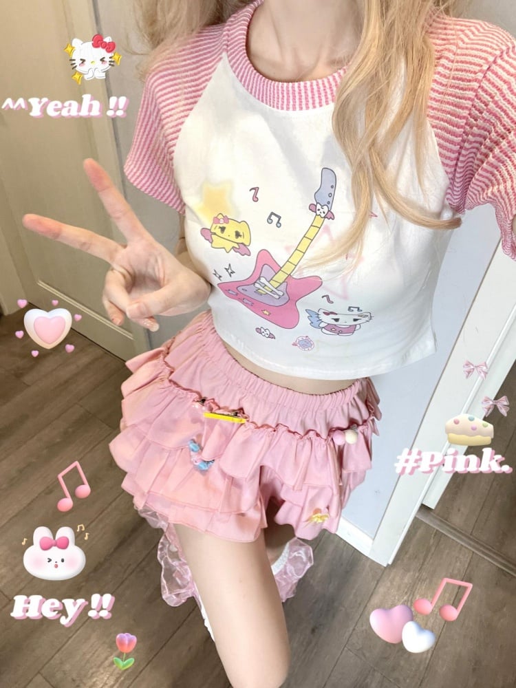 White Pink Stripe Kitty and Guitar Print Cropped Top