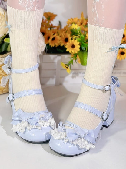 Sweet Buckle with Bow Shoes Janes - Lacework Lolita Details Blue Heart Mary