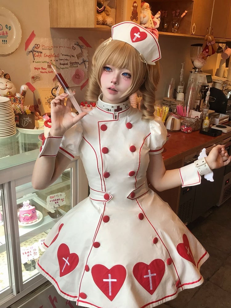 Nurse White Puff Red Patches Sleeves Heart Lolita Cross Dress