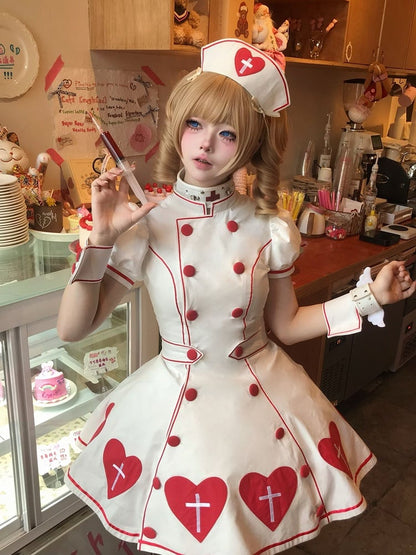 Nurse White Puff Red Patches Sleeves Heart Lolita Cross Dress