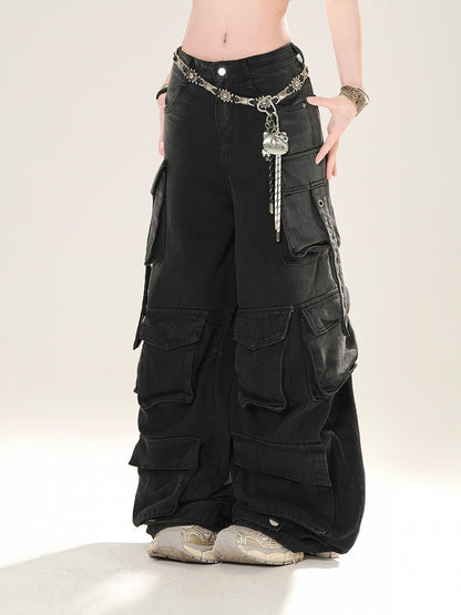 Low Blue/Black Waist Cargo Pockets Wide-Leg Jeans