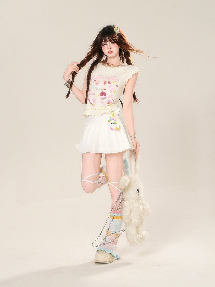 Skirt with Accents Charm JK Uniform White High Free Waist Bowknot