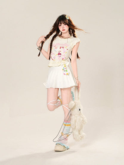 Skirt with Accents Charm JK Uniform White High Free Waist Bowknot
