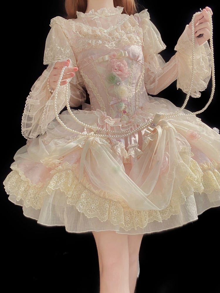 Robe princesse Lolita Hanayome à taille corset et baleines, motif floral rose