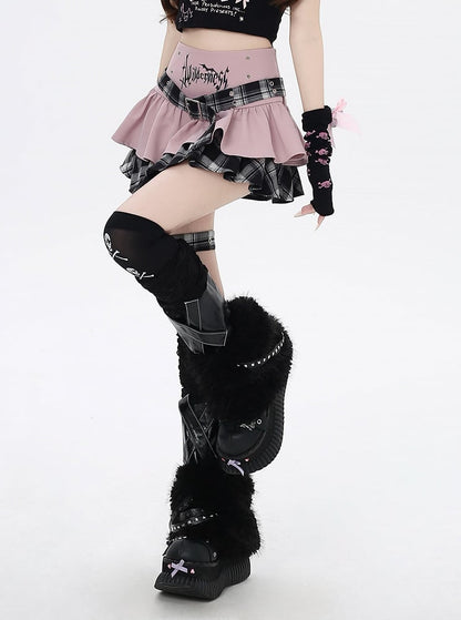 Belt and Y2K Gray Plaid Buckle Pink Lined Tiered Skirt with Cross Design Garter