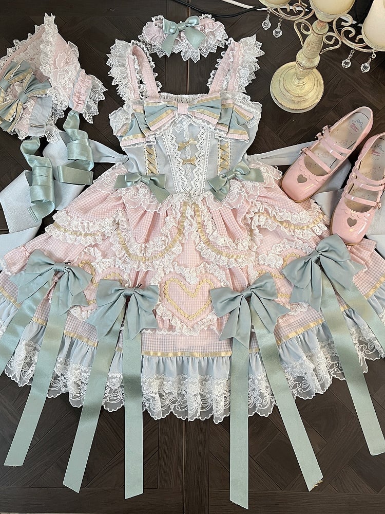 Mint Green Bows Pink and Blue Sweet Lolita Corset Dress with Choker