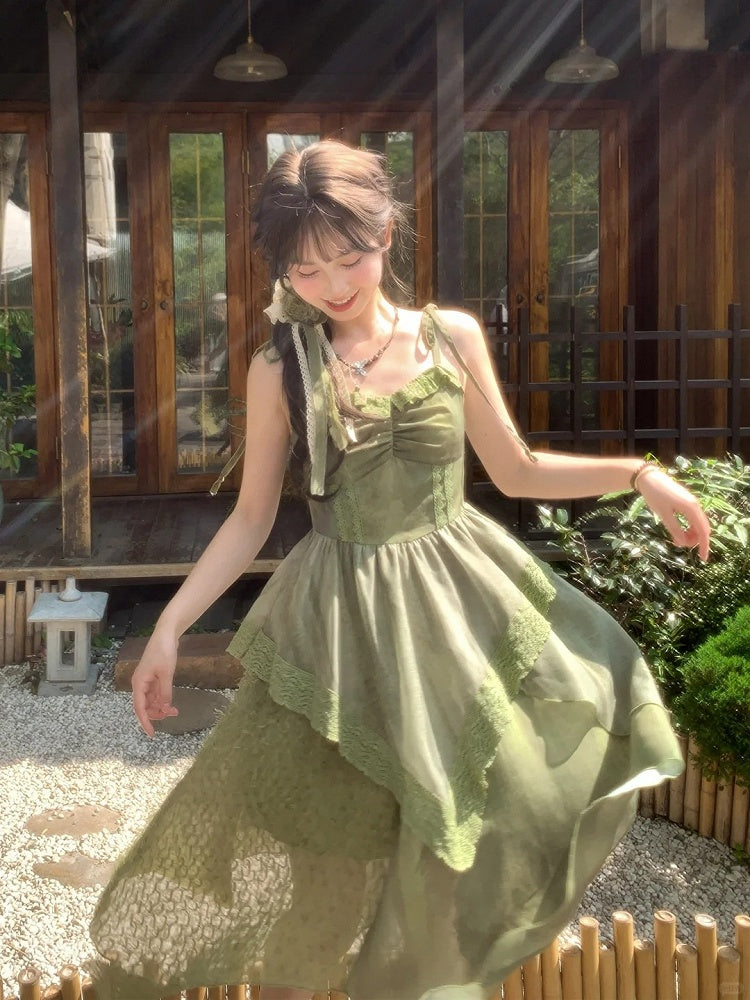 Self-tie Straps Mori Kei Cami with Dress Shoulder Green Handkerchief Hem