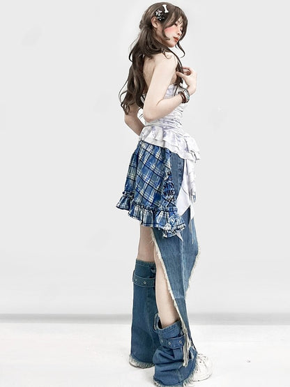 Warmers + Blue Print Hem Shorts Glamorous Pattern Bittersweet Asymmetrical Star Set- Plaid Applique Skirt Leg Cross