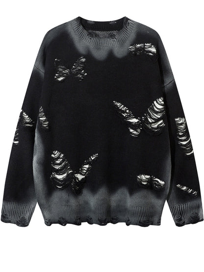 Y2K Black/Grey Butterfly Shaped Distressed Holes Round Neck Sweater