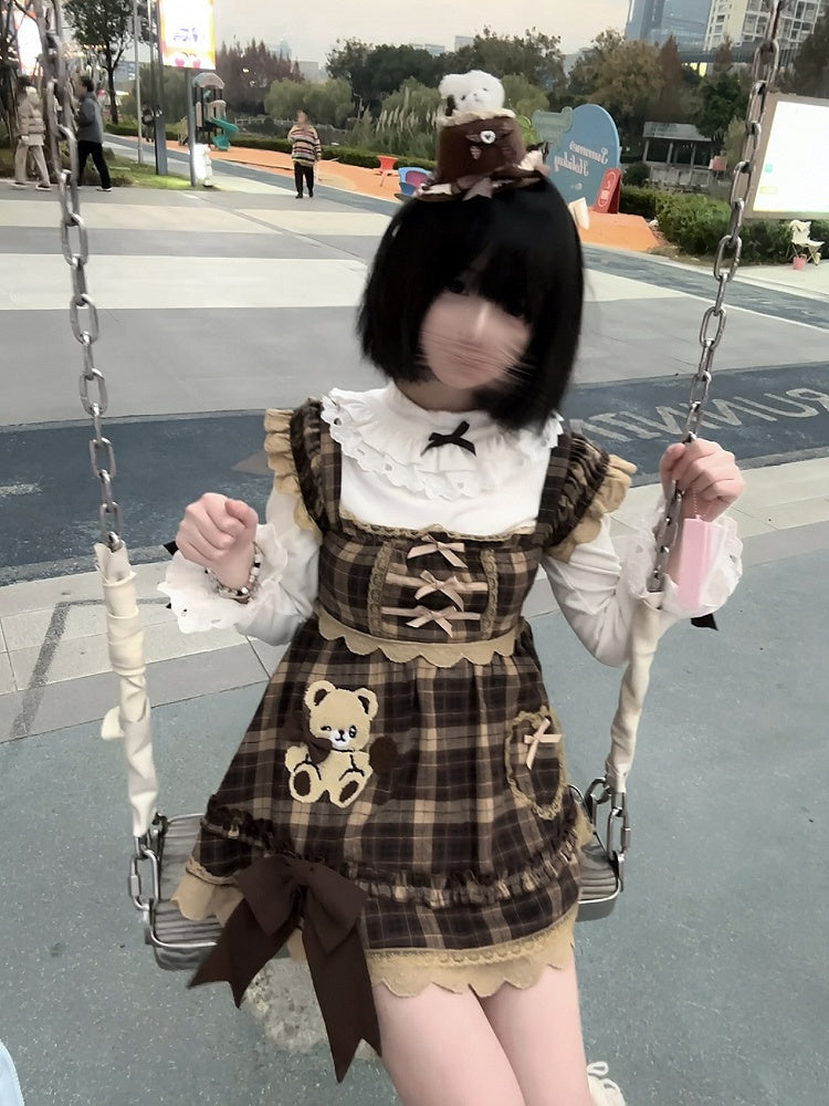 Sleeves Kawaii Soft Brown Plaid Dress Flutter with