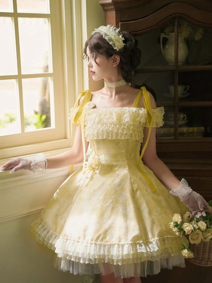 Light Versatile Full Dress Lolita JSK Neckline Floral Yellow Set and Butterfly Print